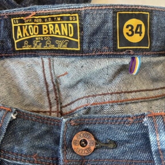 Akoo Denim Jeans Mens 34 Med Wash Dark Wash Blue Straight Leg Cotton Streetwear - Picture 8 of 8